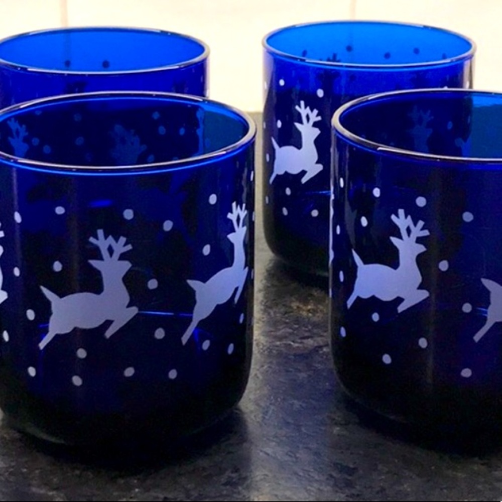 Vintage 4 Libbey Cobalt Reindeer Tumblers - Picture 3 of 5